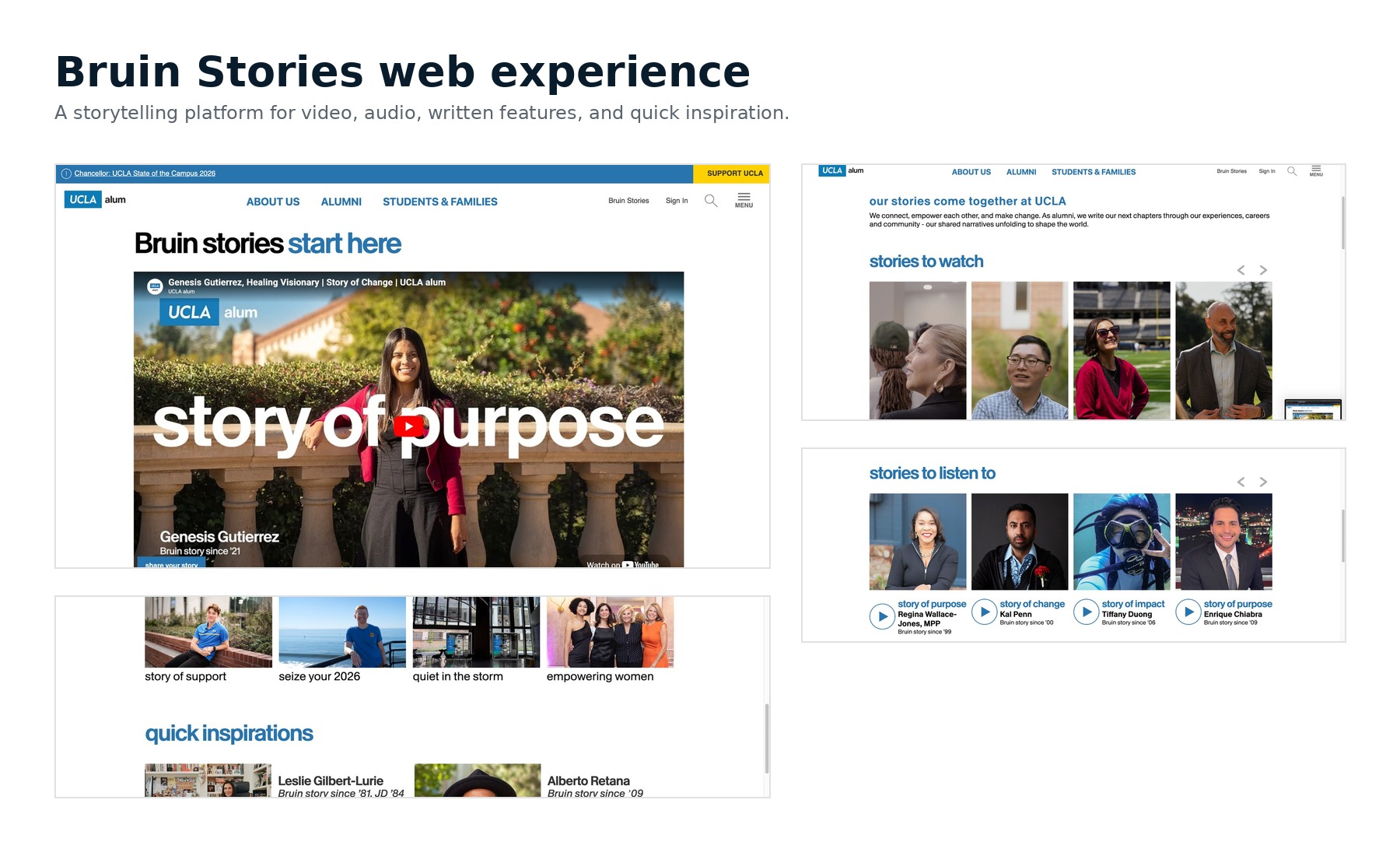 Board of Bruin Stories web experience screenshots.