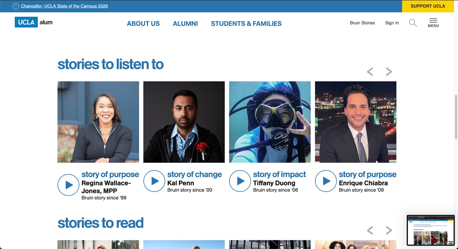 Bruin Stories watch, listen and read sections.