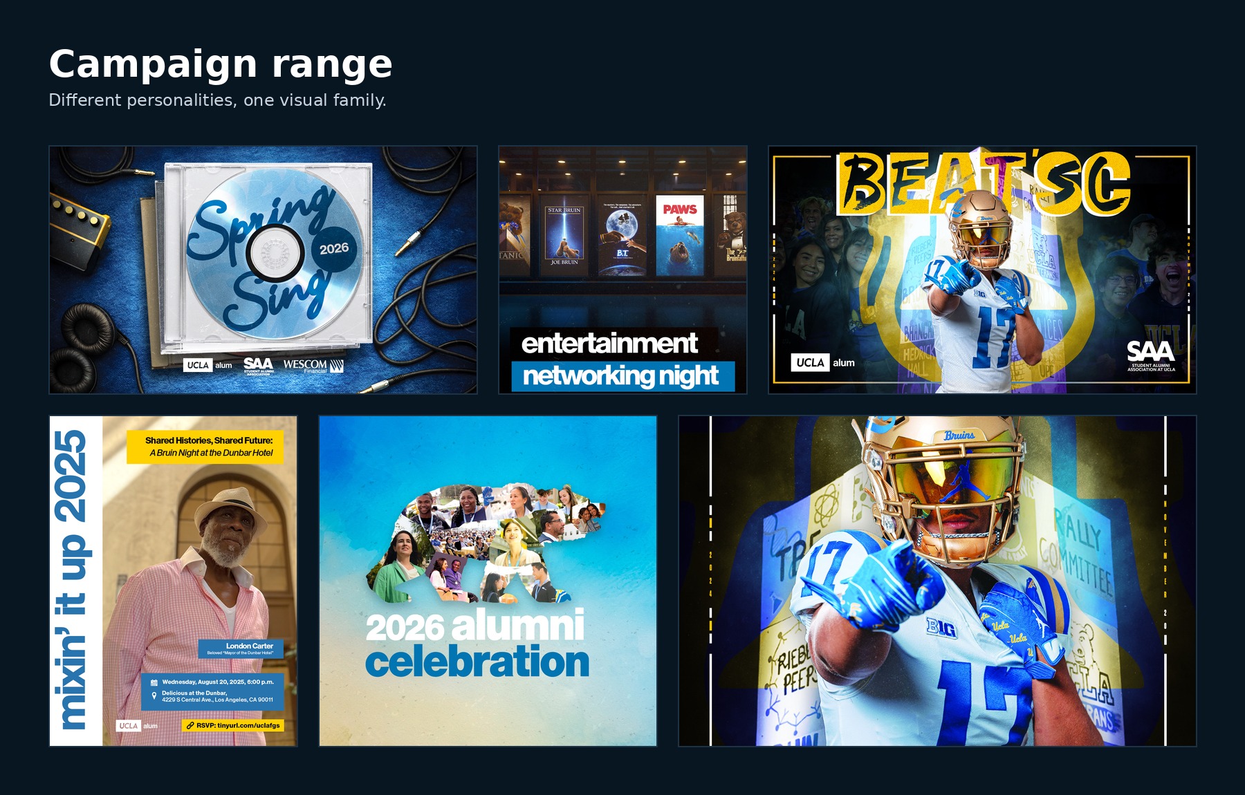 Mosaic of UCLA Alumni campaign design work.