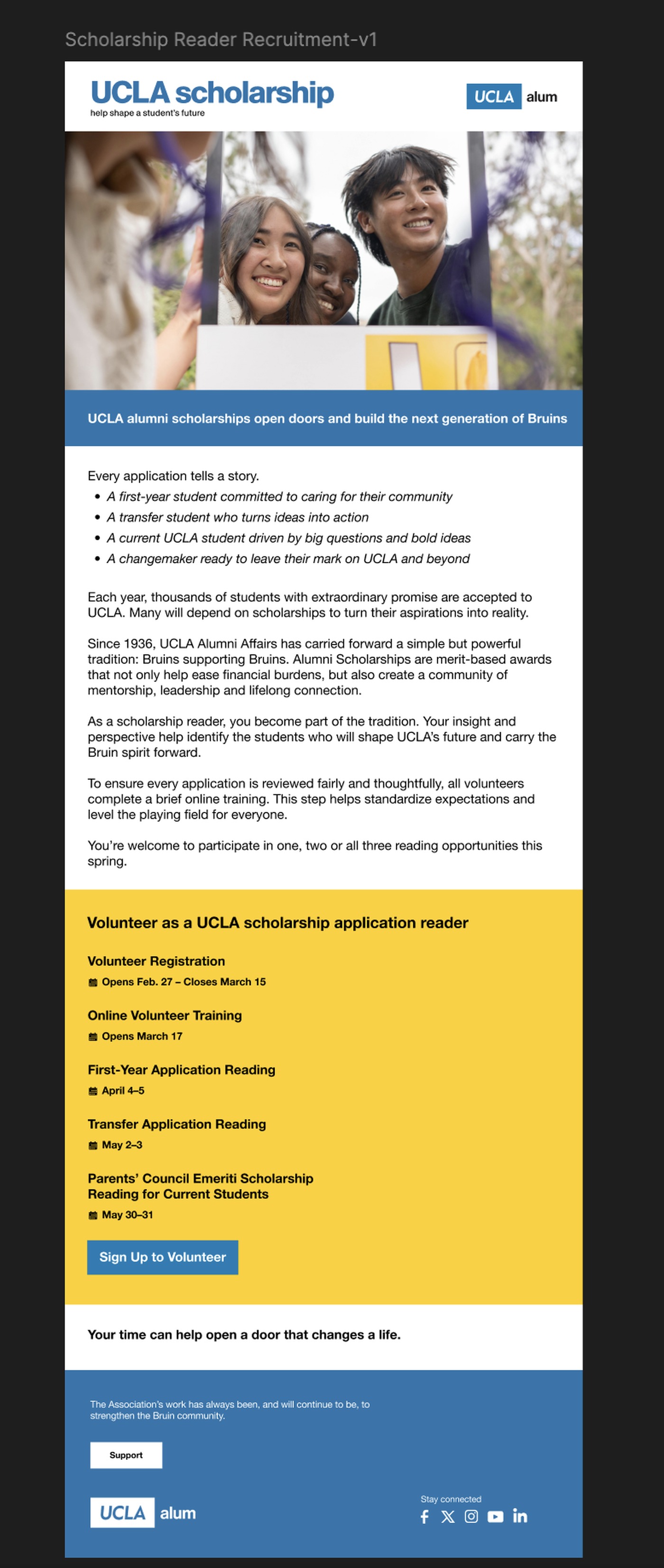 Figma view showing a range of UCLA Alumni email template variations.