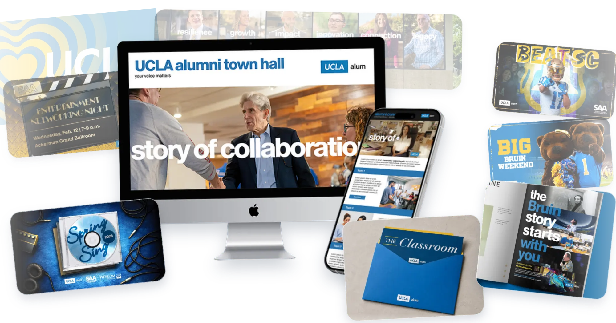 The UCLA Alumni brand applied across web pages, emails and printed pieces.