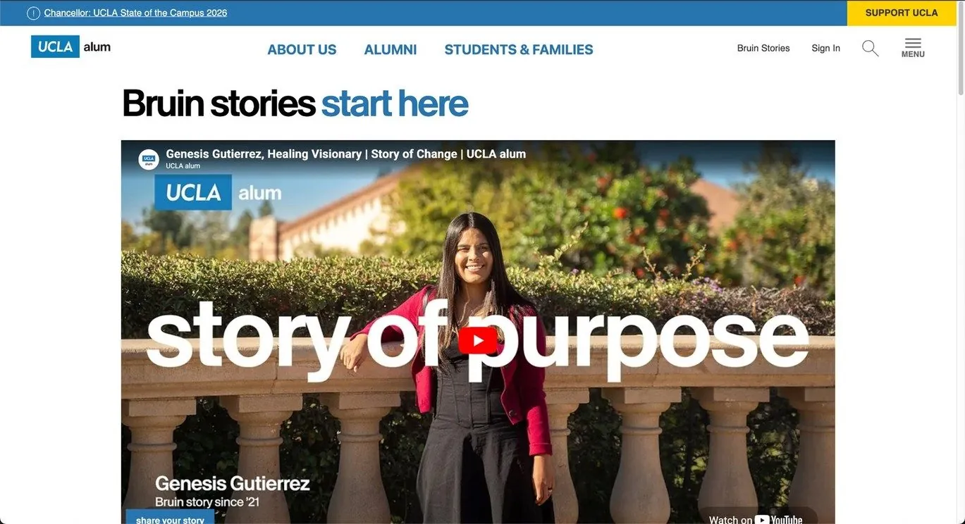 Bruin Stories hero with a full-width video.
