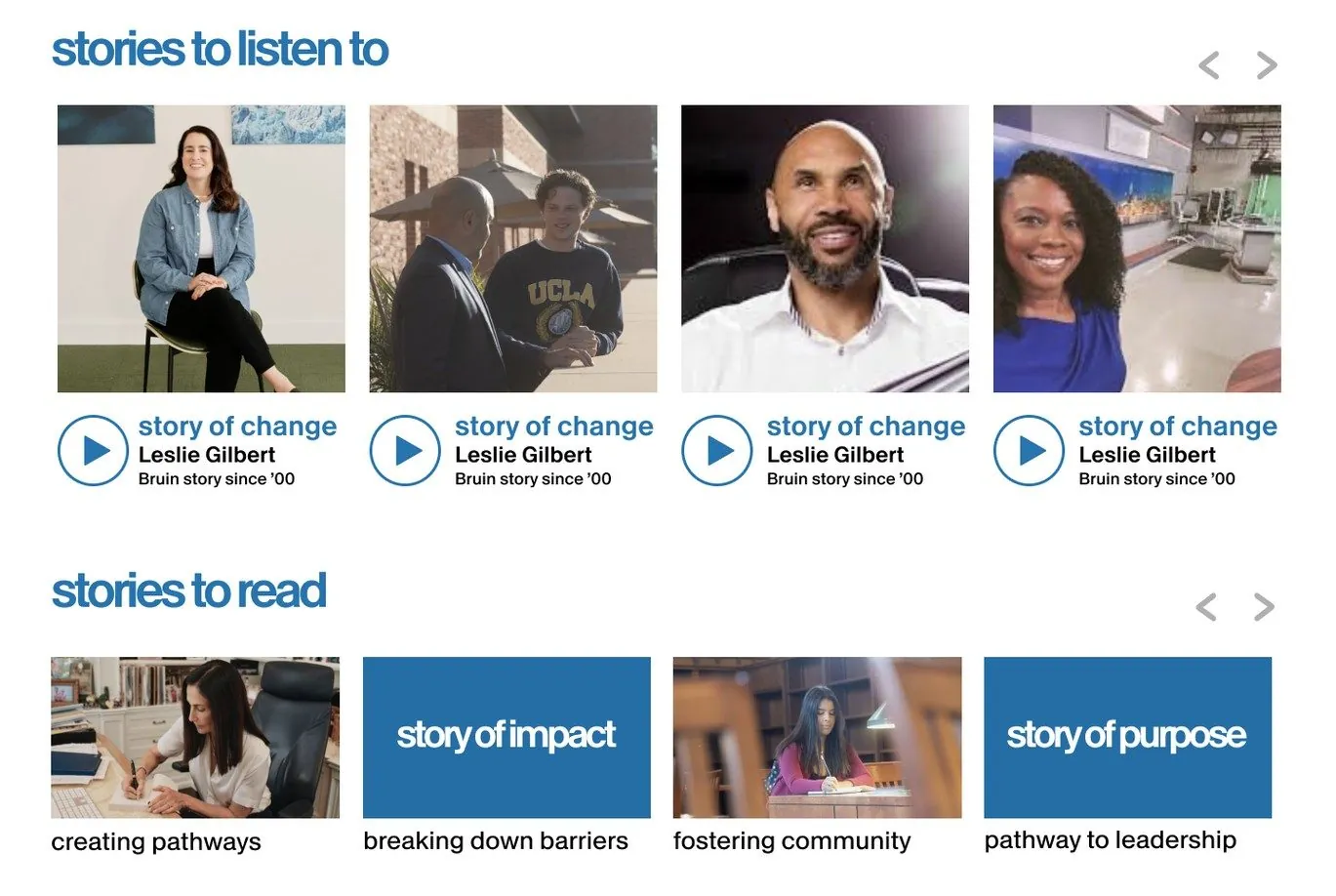 Story modules split by video, audio and written formats.