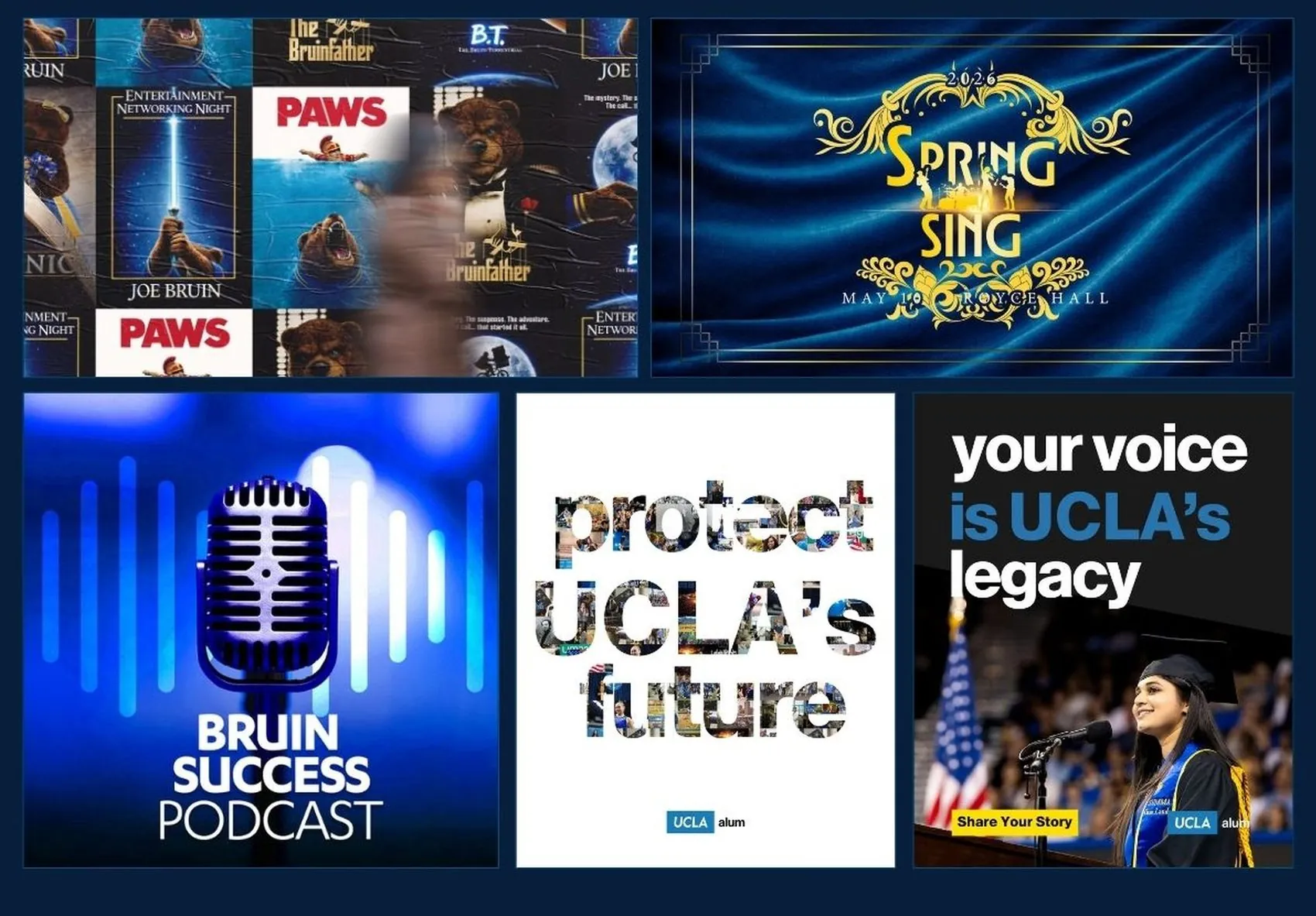 Campaign artwork across several UCLA Alumni initiatives.