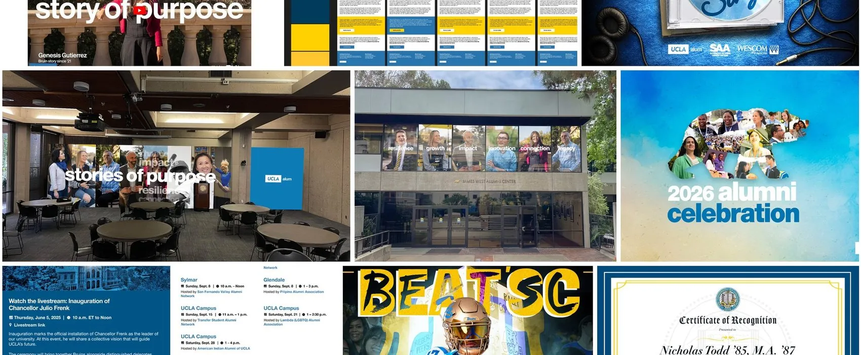 A wall of UCLA Alumni brand applications.
