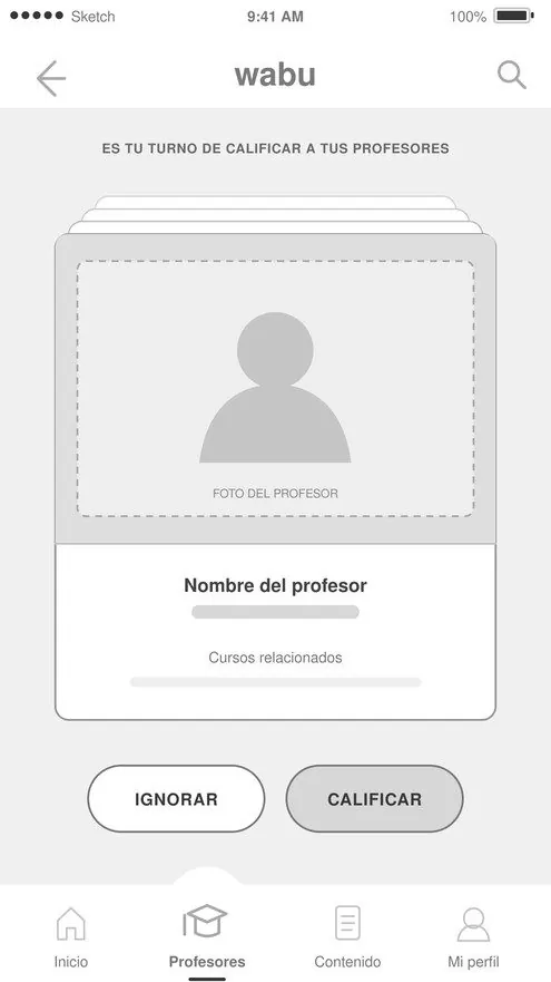 Swipe screen showing a professor card.