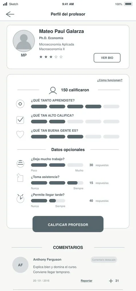 Professor detail screen with rating dimensions.