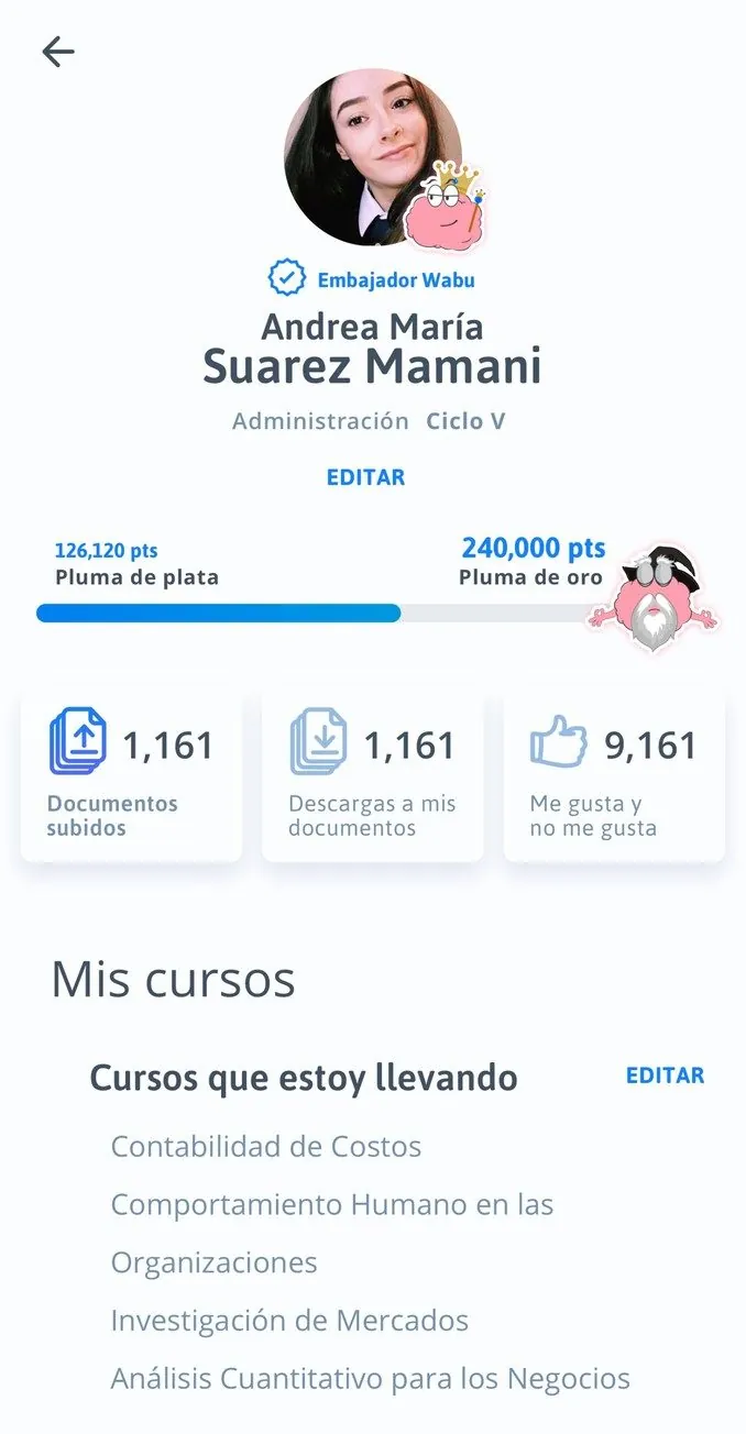 Profile screen showing level and points.