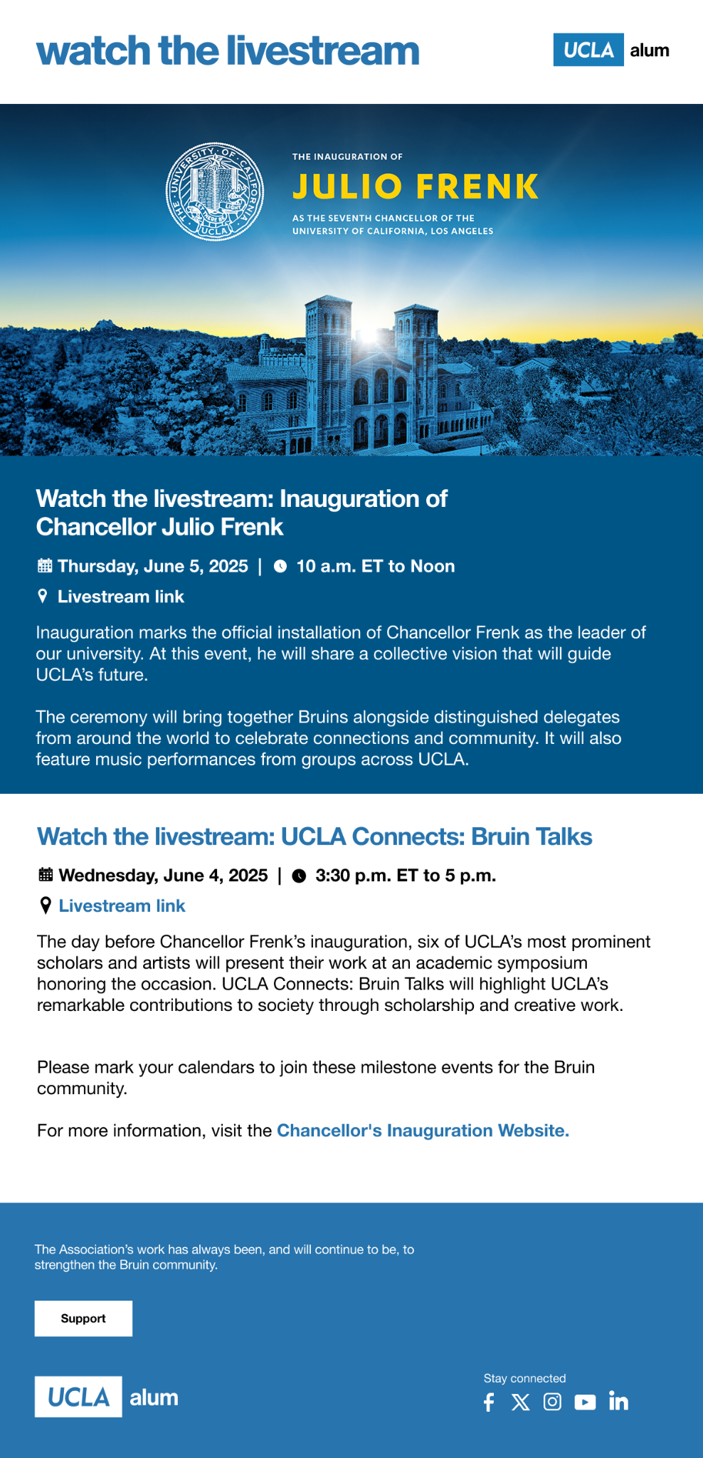UCLA Chancellor Inauguration livestream email.
