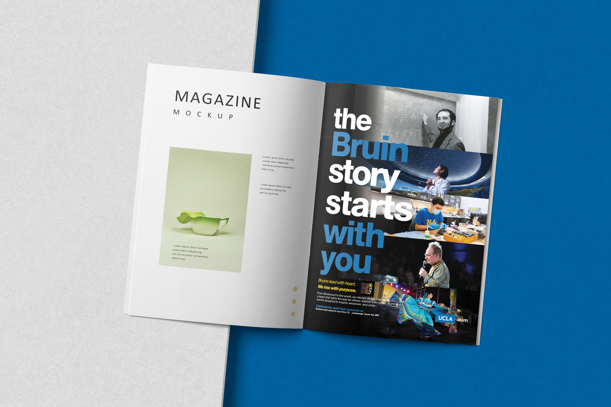 Magazine mockup with UCLA Alumni ad.